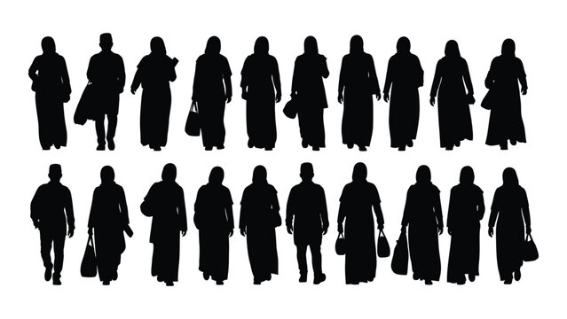 Collection Of Women Figures Carrying Bags In Silhouette Style Against A White Background Silhouette female person people group black dark