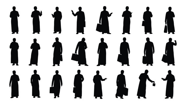 Collection of arab men silhouettes in traditional thobes various poses against a white background silhouette figure figures thobe clothing garment