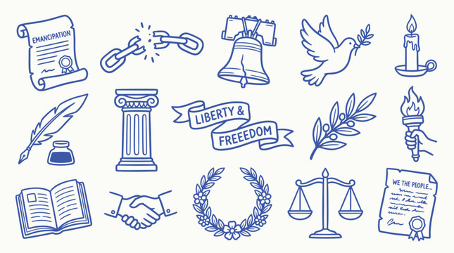 Collection of symbols representing freedom, liberty, justice, and democracy in a hand-drawn doodle style.