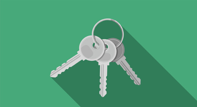 Set of three silver metal door keys attached to a key ring with a long shadow effect on a solid green background.