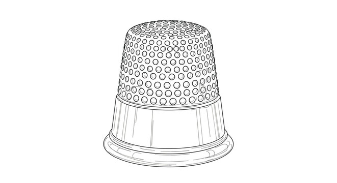 Detailed line art drawing of a metal thimble used for sewing and needlework protection on a plain white background.
