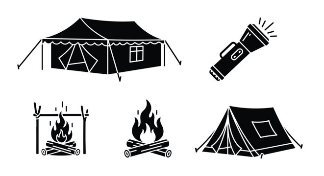 Collection of outdoor camping silhouettes including a large tent, small tent, flashlight, and various campfires.