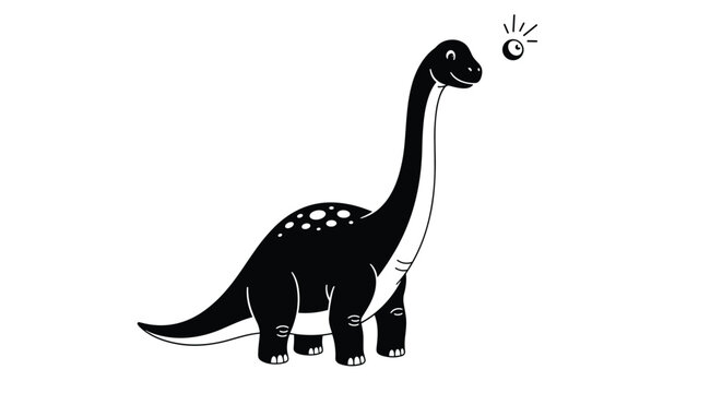 Black and white illustration of a long neck dinosaur looking curiously at a small floating circular object against a white background.