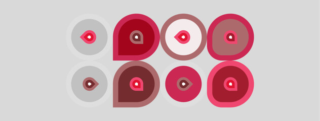Fototapeta premium Abstract design features repeating circular motifs. Pink, gray tones create visual rhythm, simple geometric shapes dominate composition.