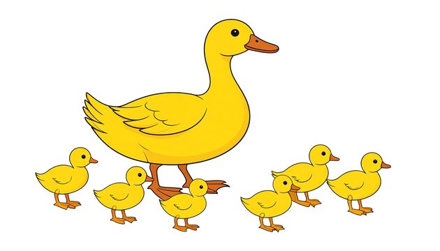 Yellow duck and five ducklings depicted in a simple cartoon style isolated on white background