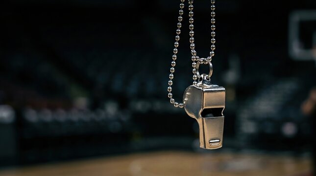 Sports whistle on a chain with blurred background
