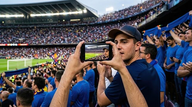 Fan films soccer match on phone at stadium