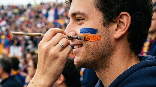 Fan gets face painted with blue and orange colors at a sporting event