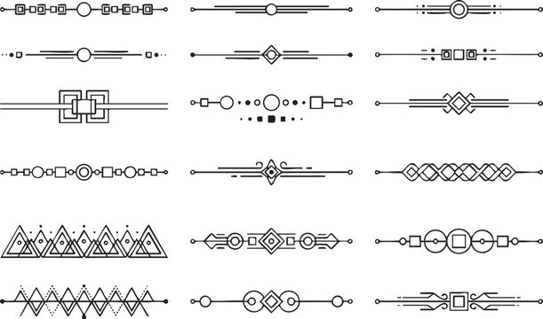 Art deco style monochrome decorative dividers and geometric line separators with intricate patterns for elegant invitations and graphic design elements vector collection.