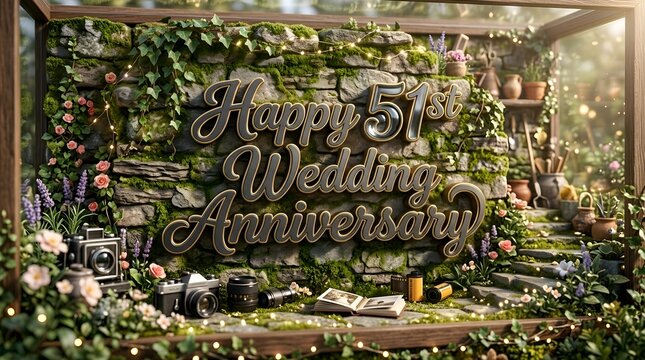 Garden Stone Wall Display with Happy 51st Wedding Anniversary Script Surrounded by Vintage Cameras Blooming Flowers and Moss Covered Landscape
