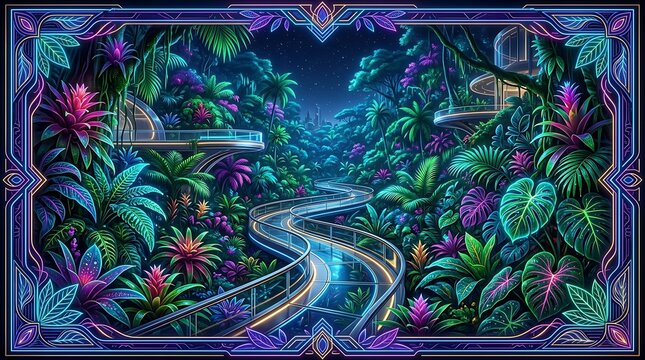 Neon tropical jungle forest path with glowing exotic plants and geometric frame