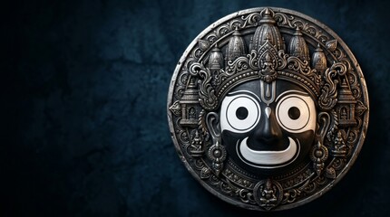 Naklejka premium Artistic Metallic Lord Jagannath Face with Ornate Chariot Wheel Design on Dark Background Traditional Hindu Religious Deity Sculpture for Rath Yatra Festival Devotional Art