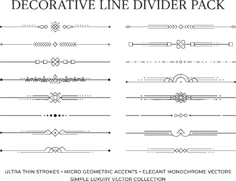 Minimalist geometric line dividers collection including linear strokes with micro elements symmetrical borders art deco separators thin vector design set for luxury stationery wedding invitations.