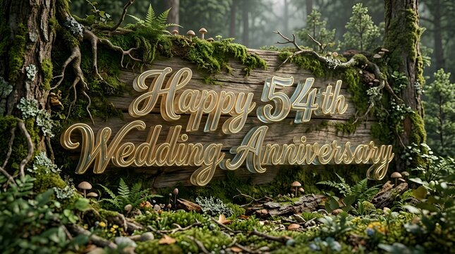 Rustic Forest Wooden Sign Featuring Happy 54th Wedding Anniversary Gold Typography Surrounded by Moss Ferns Mushrooms and Natural Woodland Details