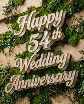Natural Moss Covered Wooden Background Presenting Happy 54th Wedding Anniversary Elegant Ivory Gold Typography with Fresh Green Botanical Accents