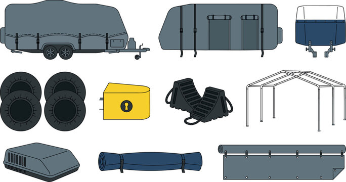 Caravan and Trailer Accessories Vector Set featuring Protective Covers, Wheel Chocks, Hitch Lock, Awning Frame, and Caravan Maintenance Storage Equipment for Camping Designs