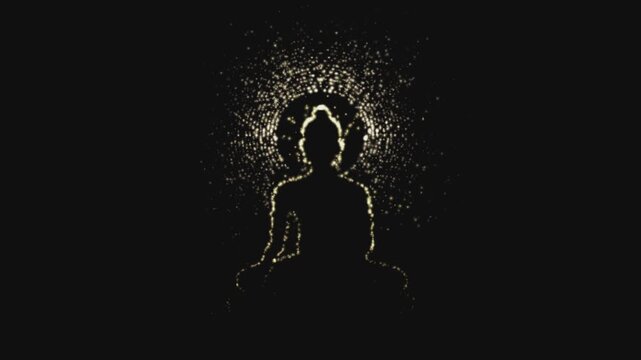 abstract gold buddha statue silhouette forming from glowing particles with radiant halo on black background for meditation buddhism and wellness motion graphics