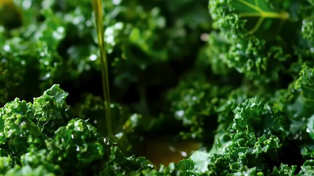 Oil pouring over vibrant, fresh, green kale leaves