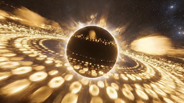 Cosmic event with celestial body and swirling golden light patterns against starry backdrop