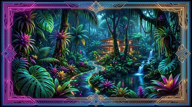 Tropical jungle scene with a glowing river and ancient temple in a decorative frame