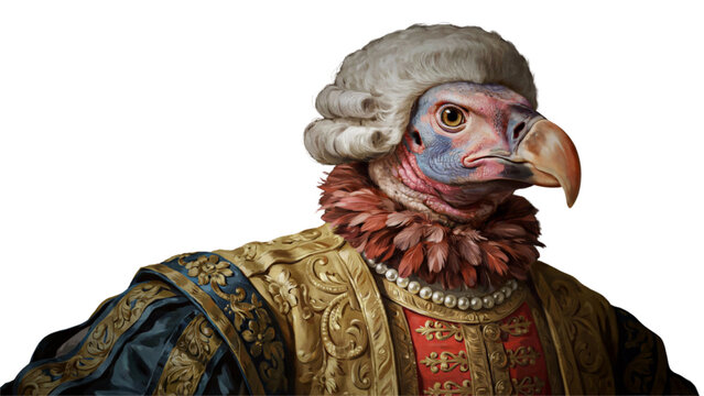 Surreal portrait of a turkey bird wearing a vintage 18th century aristocratic wig and gold royal clothing costume Vector