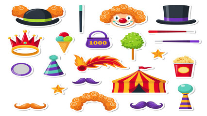 Set of colorful pixel art circus and carnival icons including tent clown hat magic wand popcorn and funny party accessories Vector © ANOWARUL