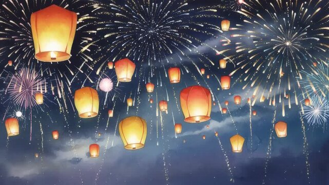 Glowing paper lantern floating in dark sky with firework display for Dussehra festival. Traditional light celebration with illumination in night air background.