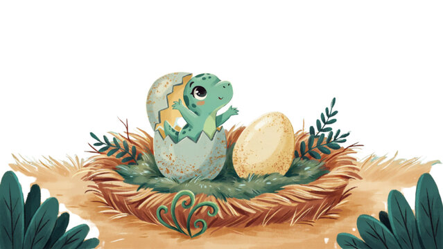 Cute little baby dinosaur hatching from an egg in a nest Vector