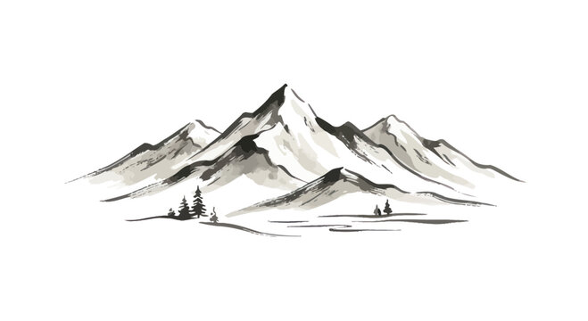 Ink Wash Mountains and Pine Trees Illustration