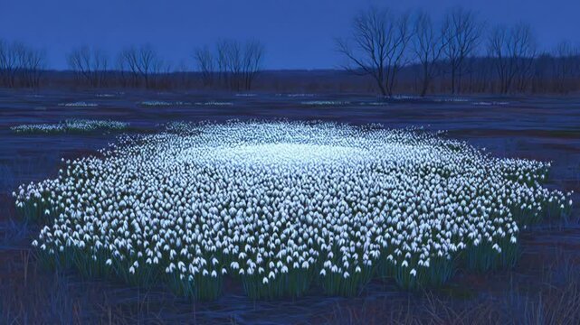A large grouping of white flowers blooms brightly under a cool, dark night sky, with leafless trees