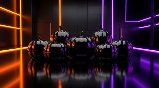 Multiple jack-o-lanterns with flickering candlelight creating eerie glow in dimly lit Halloween scene.