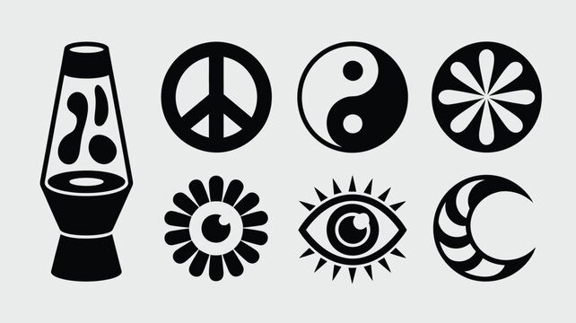 Symbols including a lava lamp, peace sign, yin yang, and eye are presented as a collection of graphics.