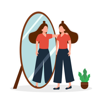 Woman with high self-esteem looks in mirror and sees reflection, as metaphor for self-love. Good self-esteem allows girl to develop and not pay attention to envious people