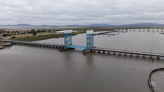 Aerial of the Blue Vertical-Lift Bridge Over the Mare Island Strait, Vallejo 4K