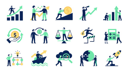 Fototapeta premium Business icons showing entrepreneurs and managers working on growth strategy, startup success and data analysis, perfect for corporate presentations, financial reports and website design