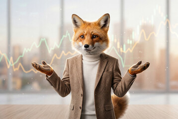 Obraz premium Anthropomorphic fox wearing formal brown suit in modern office