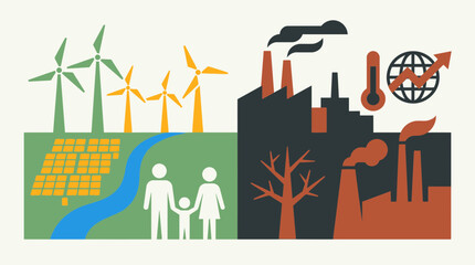Fototapeta premium Flat vector illustration comparing clean green energy with industrial pollution and global warming, perfect for environmental campaigns, educational presentations and ecological infographics