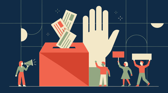 Minimalist vector illustration of diverse people voting near a large ballot box, perfect for election campaigns, civic education and political marketing