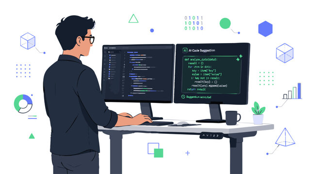 work a1 3AI-Powered Software Developer Working at Standing Desk with Dual Monitors Vector Illustration