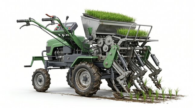 Rice transplanter isolated on a white background with realistic details and studio lighting. Perfect for rice farming and agricultural mechanization concepts.