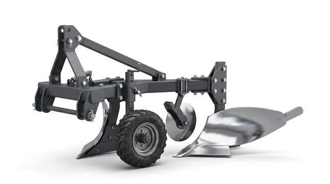 Moldboard plow isolated on a white background with realistic details and studio lighting. Ideal for soil preparation and agricultural cultivation concepts.