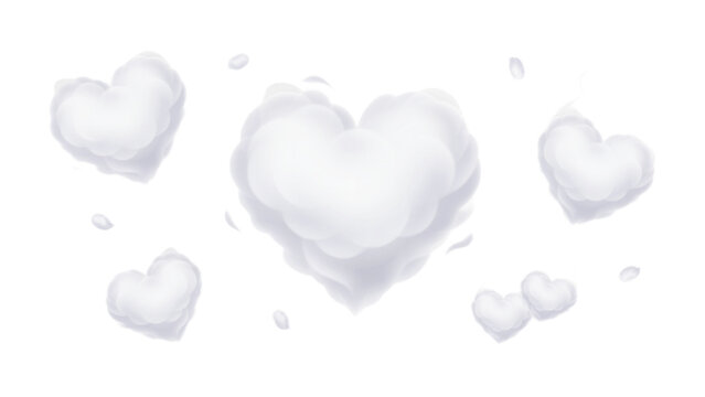 Set of fluffy white heart shaped clouds floating in the sky Vector