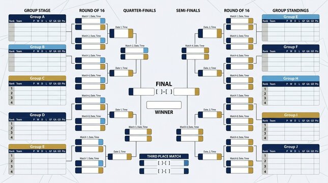 Detailed soccer tournament bracket template with group stage tables and knockout phase