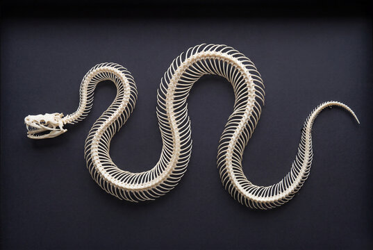 A winding snake skeleton specimen perfectly preserved against a dark grey background