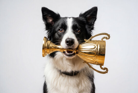 Proud black and white dog holding a gleaming gold championship trophy in its mouth