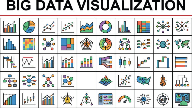 Big data visualization icon set featuring business intelligence charts complex analysis infographics financial graphs and information metrics dashboard elements