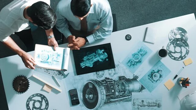 Top down aerial view of manager sitting while answer question about jet engine. Professional engineer looking at turbine engine or electronic generator while colleague asking question. Alimentation.