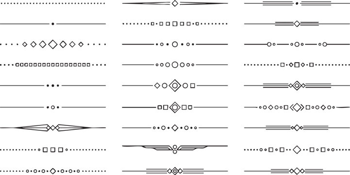 Set of decorative calligraphic dividers, text separators, and line borders with various geometric shapes including circles, squares, and diamonds on transparent background.