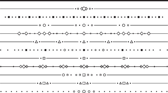 Simple geometric line dividers with basic shapes vector set for documentation and clean layouts functional monochrome separators for technical design and bullet journals minimalist border ornaments.