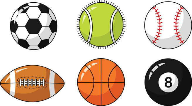 Colorful Sports Ball Vector Icon Set Featuring Soccer, Tennis, Baseball, Football, Basketball, and Eight Ball Billiards for Athletic Clubs, League Tournaments, and Game Graphic Designs